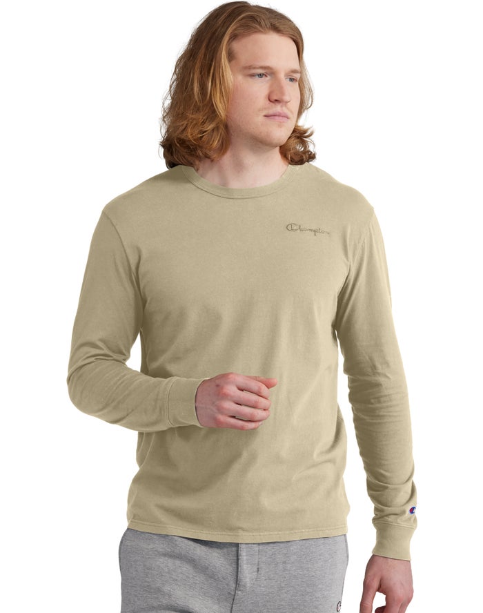 Champion Mens T-Shirt NZ - Lightweight Long-Sleeve Embroidered Logo Khaki ( 4590-HSQEV )